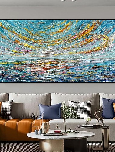  手作り油絵キャンバス壁アート装飾現代抽象日の出海厚いテクスチャ風景家の装飾ロールフレームレス未伸張絵画