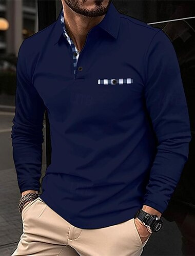  Men's Polo Shirt Golf Shirt Work Casual Lapel Long Sleeve Basic Modern Plaid Color Block Patchwork Button Spring &  Fall Regular Fit Black White Navy Blue Gray Polo Shirt