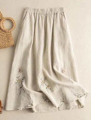  Dames Rok Linnen rokken Modieus Casual Maxi Hoge taille Rokken Bloemig Geborduurd Casual / Dagelijks Weekend Khaki Zomer Katoen en linnen