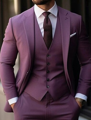  Purple Men's Wedding Prom Suits Solid Colored 3 Piece Daily Lightweight Casual Plus Size Single Breasted Two-buttons 2024