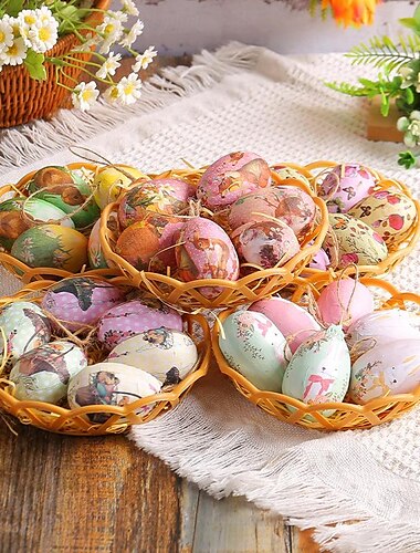  6 unids/set de decoraciones colgantes de huevos de Pascua, cesta tejida creativa con huevos coloridos, perfecta para decoración de Pascua y arreglos de escenas