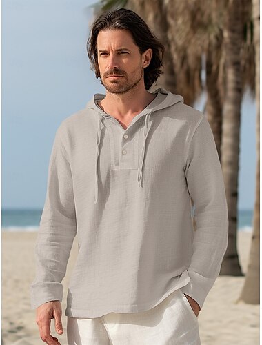  100% Leinen Taste Herren leinenhemd Sommerhemd Strandhemd Schwarz Weiß Dunkelmarine Langarm Glatt Mit Kapuze Frühling & Herbst Outdoor Täglich Bekleidung