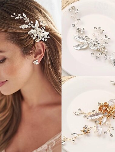  ゴールデン銀色花葉クリスタルヘアピンヘアクリップティアラブライダルウェディングヘアアクセサリーかぶとジュエリー装飾品