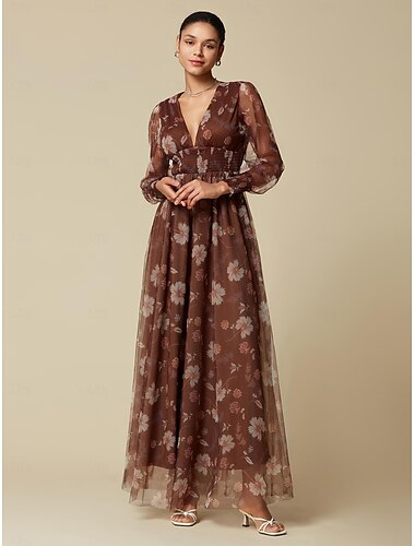  robe longue à col en V en tulle fleuri