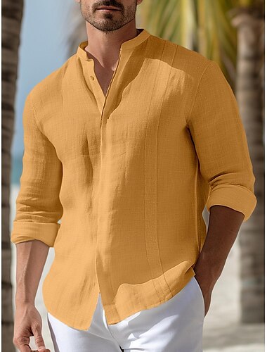  100% Len Guzik Męskie lniana koszula Zapinana na guziki koszula Letnia koszula Koszula plażowa Żółty Granatowy Zielony Długi rękaw Równina Kołnierz stawiany Wiosna i jesień Na zewnątrz Codzienny