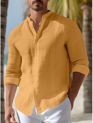  100% linnen nappi Voor heren linnen overhemd Overhemd met knopen Zomer overhemd Strand hemd Geel Donker Marine Groen Lange mouw Effen Opstaand Lente & Herfst Buiten Dagelijks Kleding