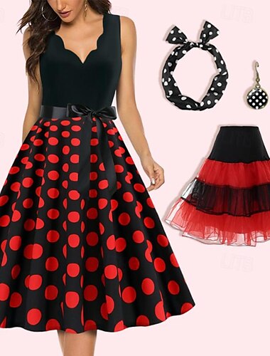  Retro Antiguo 1950s Rockabilly Enagua Vestido de una línea Tutu A Lunares Mujer Día de Reyes Fiesta / Noche Mascarada Despedida de Soltera Adulto Vestido Pendientes Para la Cabeza Primavera verano