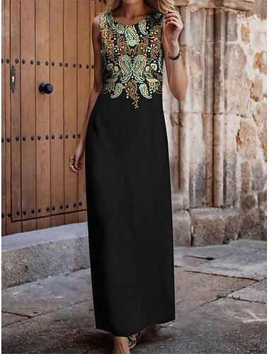  Robes Maxi Femme Robe Décontractée Robe d'Été Robe Vintage Ethnique Tribale Vacances Fête Rue Ajustement Lâche Imprimé Paisley Sans Manches Col Rond Noir Blanc Bleu Été