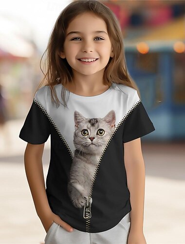  Mädchen 3D Katze T-Shirt Hemden Kurzarm 3D-Druck Sommer Aktiv Modisch Kuschelig Polyester kinderkleidung 3-12 Jahre Rundhalsausschnitt Outdoor Casual Täglich Regular Fit