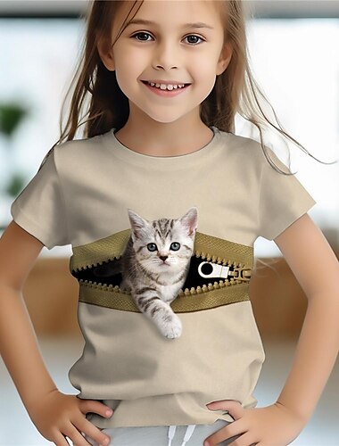  Mädchen 3D Katze T-Shirt Hemden Rosa Kurzarm 3D-Druck Sommer Aktiv Modisch Kuschelig kinderkleidung 3-12 Jahre Rundhalsausschnitt Outdoor Casual Täglich Regular Fit