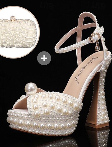  Perlen-Sets – Hochzeitsschuhe für Braut, Brautjungfer, Damen, Peep-Toe, weißes Satin-PU mit Stiletto-High-Heel-Plateau-Pumps mit Knöchelriemen und Perlen-Clutch-Abendtasche