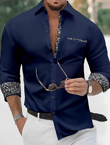  男性用 シャツ ボタンアップシャツ カジュアルシャツ ブラック ホワイト ネイビーブルー 長袖 フラワー カラーブロック ラペル 日常 バケーション パッチワーク 衣類 ファッション カジュアル スマートカジュアル