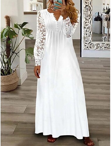  Mulheres Vestido branco Vestido Longo Vestido Maxi Botão com manga Encontro Roupa de rua Maxi Decote Redondo Manga Longa Branco Cor