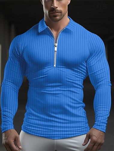  Voor heren Met Textuur Spier shirt Vakantie Werk Revers Lange mouw Modieus Comfortabel Effen Verticale stroken Rits omhoog Lente & Herfst Strak Licht Blauw Zwart Wit Lichtgroen Blozend Roze Wijn Met