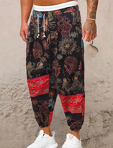  Herr Harem Långbyxor Sommarbyxor Byxor Strandbyxor Elastisk midja Släpp grenen Djur Färgblock Andningsfunktion Mjuk Fullängd Ledigt Dagligen Kinesisk stil Boho Lös passning Svart Gul Microelastisk