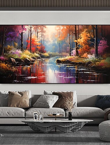  Pintura al óleo original hecha a mano con paisaje de río sobre lienzo, pintura artística de bosque dorado para decoración del hogar con marco estirado/sin pintura de marco interior