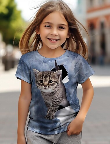  Mädchen 3D Katze T-Shirt Hemden Kurzarm 3D-Druck Sommer Aktiv Modisch Kuschelig Polyester kinderkleidung 3-12 Jahre Rundhalsausschnitt Outdoor Casual Täglich Regular Fit