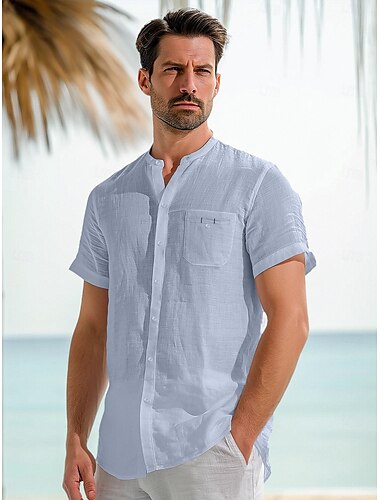 45% linnen Zak Voor heren linnen overhemd Overhemd Overhemd met knopen Zomer overhemd Wit Donker Marine blauw Korte mouw Effen Opstaand Zomer Buiten Dagelijks Kleding