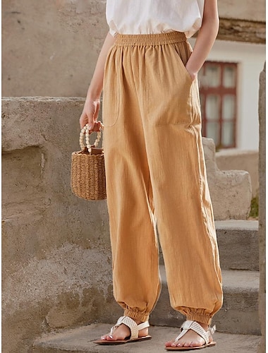  Mujer Pantalones Algodón y lino Tiro Alto Longitud total Amarillo gris Verano