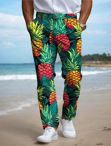  ananas semester hawaiian herrresort 3d-tryckta klänningsbyxor platt fram raka ben polyester medium midja byxor utomhus semester semester dagligt slitage s till 3xl