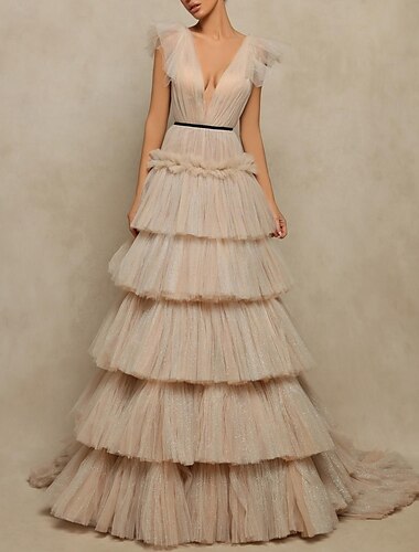  A-Line Prom Dresses Elegant Dress Prom Sweep / Brush Train Sleeveless V Neck Tulle V Back with Ruffles 2024
