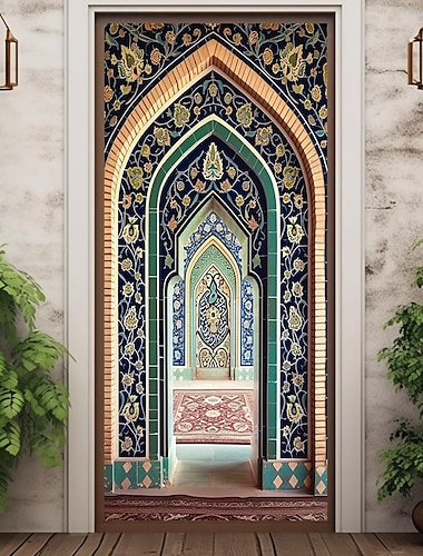  כיסויי דלת מסגד ramadan kareem ציור קיר תפאורה דלת שטיח קיר דלת רקע וילון קישוט דלת באנר נשלף לדלת כניסה פנימית חיצונית בית חדר קישוט ציוד עיצוב חווה
