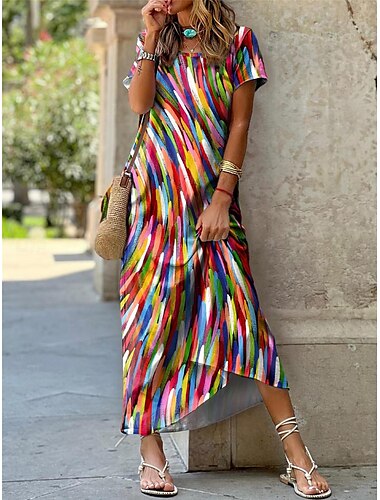  robe midi femme rayures colorées manches courtes col rond ourlet haut-bas décontracté été respirant mode multicolore tailles disponibles fluide léger vêtements