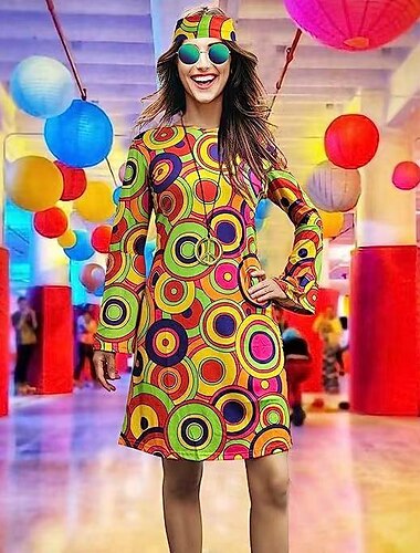  Retro Vintage 1970er Disko Kleid Stirnband Trompetenärmel Hippie Damen Karneval Maskerade Party / Abend Pride Parade Pride-Monat Erwachsene Kleid Stirnband