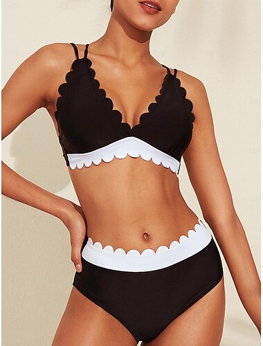  Lange triangel bikiniset met bloemblaadjesrand, zwart en wit