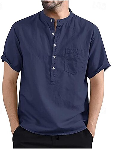  Voor heren Overhemd Katoenen linnen overhemd Wit katoenen overhemd Chinees kraag overhemd Mandarijn kraag overhemd Normaal shirt Effen Vakantie Casual Zwart Wit Blozend Roze Marineblauw Korte mouw