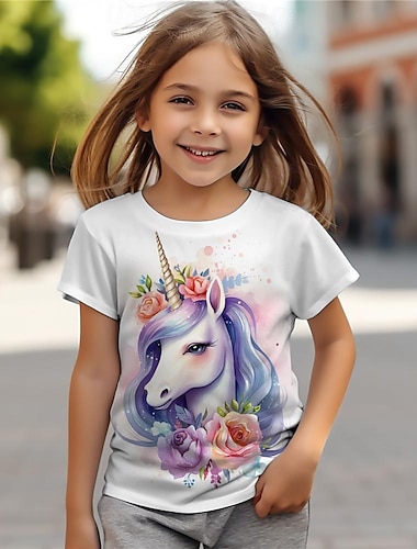  Mädchen 3D Einhorn T-Shirt Hemden Rosa Kurzarm 3D-Druck Sommer Aktiv Modisch Kuschelig Polyester kinderkleidung 3-12 Jahre Rundhalsausschnitt Outdoor Casual Täglich Regular Fit