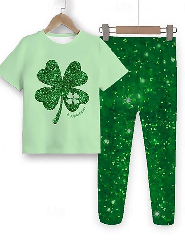  Sint Patrick Voor meisjes 3D Klavertje vier Pyjamasets voor T-shirts en broeken Korte mouw 3D-afdrukken Zomer Lente Herfst Actief Modieus leuke Style Polyester Kinderen 4 jaar + Strakke ronde hals