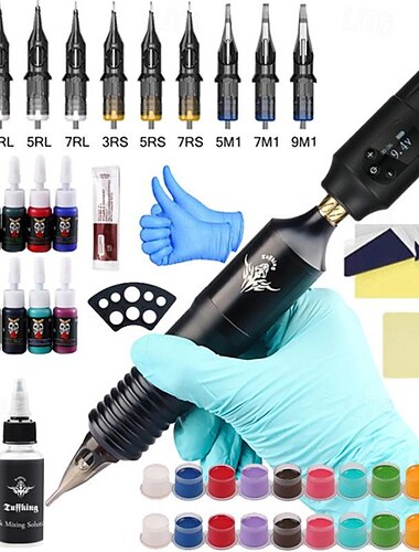  Tattoo Machine Set Cartridge Needles Color Inks Power Supply Rotary Motor Tatoo Pen Practice Skin Complete Tattoo Kit Suitable For Tattoo Beginners Tattoo Masters