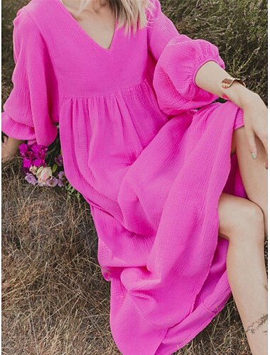  Damen Rosa Orange Rosenrot Sommer Frühling Maxikleid Leinen-inspirierte Kleider Freizeitkleid Basic Modern Täglich Wochenende Lässiger Schnitt Einfach V Ausschnitt