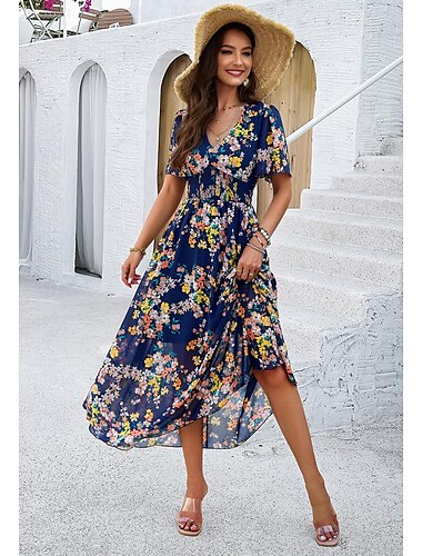  Etuikleid für Damen, Chiffonkleid, Sommerkleid, Blumenmuster, Grafik, elastischer Bund, V-Ausschnitt, kalte Schultern, langes Kleid, Maxikleid, elegant, tropisch, Party, Date, kurze Ärmel, Sommer,