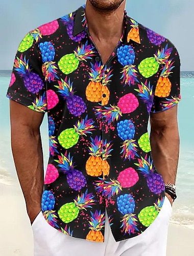  パイナップル トロピカル メンズ リゾート ハワイアン 3d プリント シャツ ボタンアップ 半袖 サマー ビーチ シャツ 休暇 日常着 s ～ 3xl