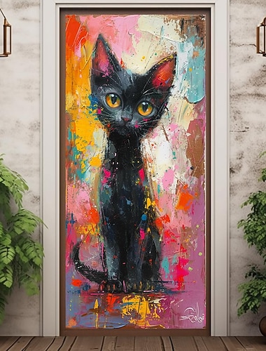  Malerei Katze Tier Türabdeckungen Wandbild Dekor Tür Wandteppich Türvorhang Dekoration Hintergrund Tür Banner abnehmbar für Haustür drinnen draußen Zuhause Zimmer Dekoration Bauernhaus Dekor Zubehör