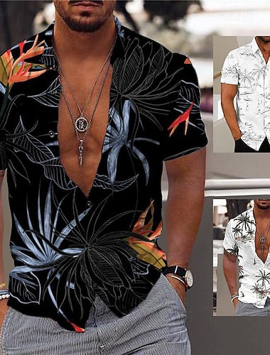  Herren Kokosnussbaum Tropische Pflanzen Hemd Hawaiihemd Sommerhemd Aloha-Shirt Kurzarm Hemd Umlegekragen Modisch Hawaiianisch Designer Outdoor Strasse Casual Schwarz Weiss + schwarz Weiß Print S M L