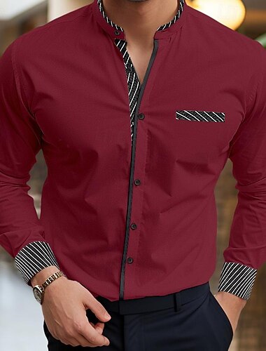  Hombre Camisa Camisa de verano Camisa para Vestido Camisa casual Camisa con cuello mao Abotonar la camisa Blanco Burdeos Azul Manga Larga Rayas Escote Chino Vacaciones Diario Empalme Ropa Algodón