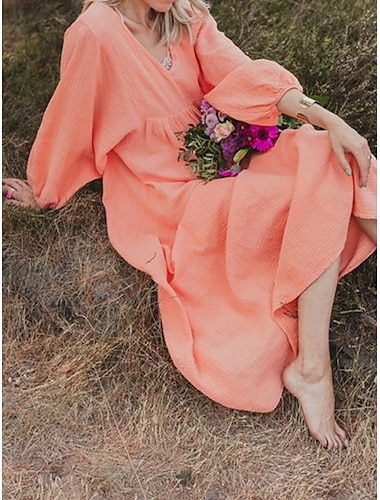  Mujer Vestido informal Vestido de verano de algodón Vestido maxi Algodón Lino Frunce Básico Diario Escote en Pico Manga Larga Verano Primavera Rosa Naranja Plano