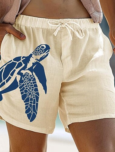  kilpikonnaprintti miesten graafiset puuvillaiset pellavashortsit kesäiset havaijilaiset shortsit rantashortsit kiristysnyörillä joustava vyötärö hengittävä pehmeä lyhyt rento päivittäinen loma