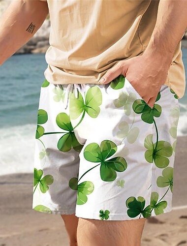  Calções de Banho Masculinos para o Dia de São Patrício Trevo de Quatro Folhas Calções de Natação Calções de Praia Cintura Média Férias Férias Havaianas Férias de Verão Corda com Forro de Malha