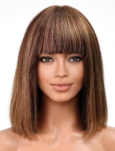  ハイライトボブウィッグ 前髪付き ショートストレート人毛 フルマシンメイドヘアボブウィッグ オンブルなし レースフロントウィッグ 黒人女性用 12インチ