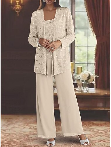  Garnitur 3-częściowy na plażowe wesele dla matki panny młodej elegancki z dekoltem w serek długość do podłogi szyfon koronka bez rękawów z cekinami