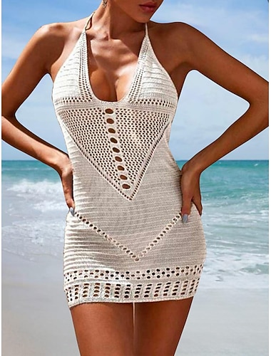  Vestidos de playa para mujer tejidos vacaciones ropa de playa vacaciones mangas largas color negro blanco caqui