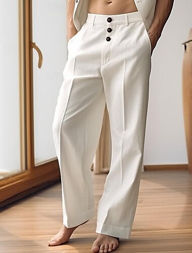  40 % Leinen Herren Leinenhose Hose Hosen Sommerhosen Knopf Tasche Gerade geschnitten Glatt Atmungsaktiv Komfortabel Urlaub Büro / Geschäftlich Täglich Klassisch Brautkleider schlicht Schwarz Weiß