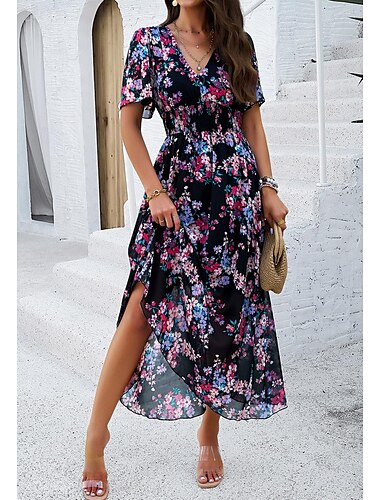 dames manteljurk chiffonjurk zomerjurk bloemen grafische elastische taille print v-hals koude schouder lange jurk maxi-jurk elegant tropisch feest date korte mouw zomer lente