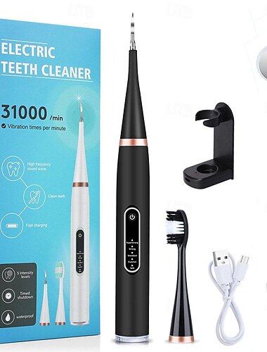 Removedor de cálculo dental elétrico ultrassônico, limpeza de tártaro, fio dental branqueador com cabeças de escova de dentes substituíveis, kit de escova de dentes branqueadora à prova d'água para