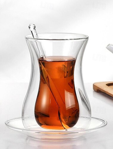  Tazas de vidrio para té y café con reloj de arena de doble pared, té turco, taza de café de tulipán, 6,7 oz, apto para lavavajillas persa, taza turca istikan, conjunto árabe