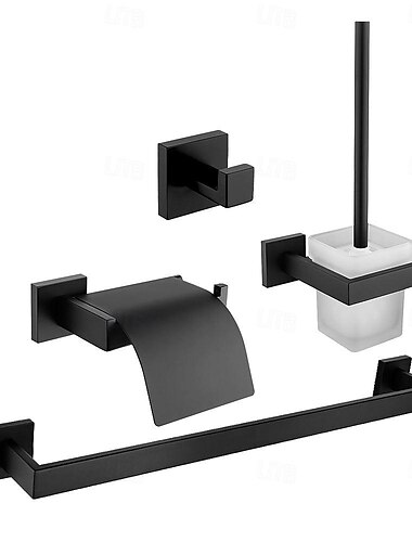  Badezimmerzubehör-Set aus Edelstahl mit lackierten Oberflächen, Toilettenpapierhalter/Turmständer/Toilettenbürstenhalter/Bademantelhaken, 4-teilig, Wandmontage, mattschwarz
